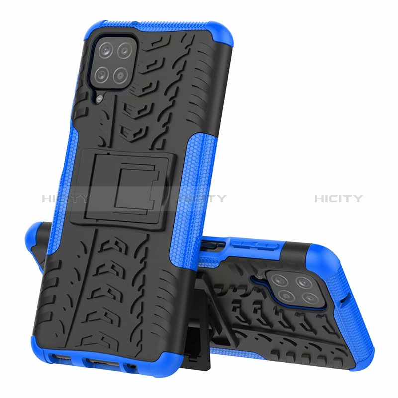 Silikon Hülle Handyhülle und Kunststoff Schutzhülle Hartschalen Tasche mit Ständer für Samsung Galaxy M12 Blau