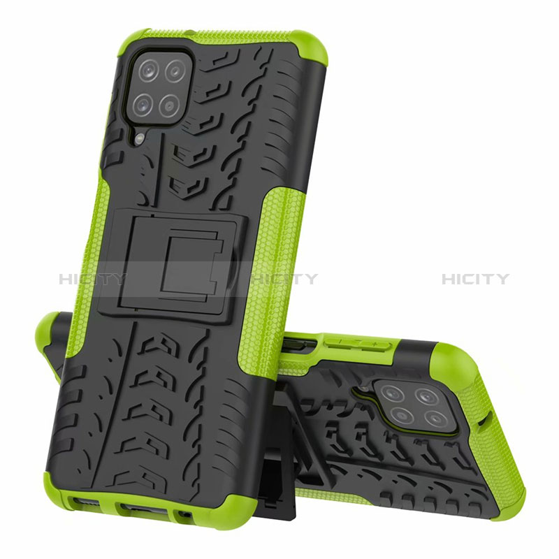 Silikon Hülle Handyhülle und Kunststoff Schutzhülle Hartschalen Tasche mit Ständer für Samsung Galaxy M12 Grün