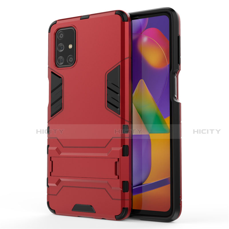 Silikon Hülle Handyhülle und Kunststoff Schutzhülle Hartschalen Tasche mit Ständer für Samsung Galaxy M31s Rot