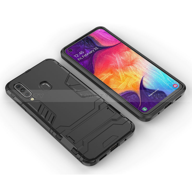 Silikon Hülle Handyhülle und Kunststoff Schutzhülle Hartschalen Tasche mit Ständer für Samsung Galaxy M40 Schwarz Plus