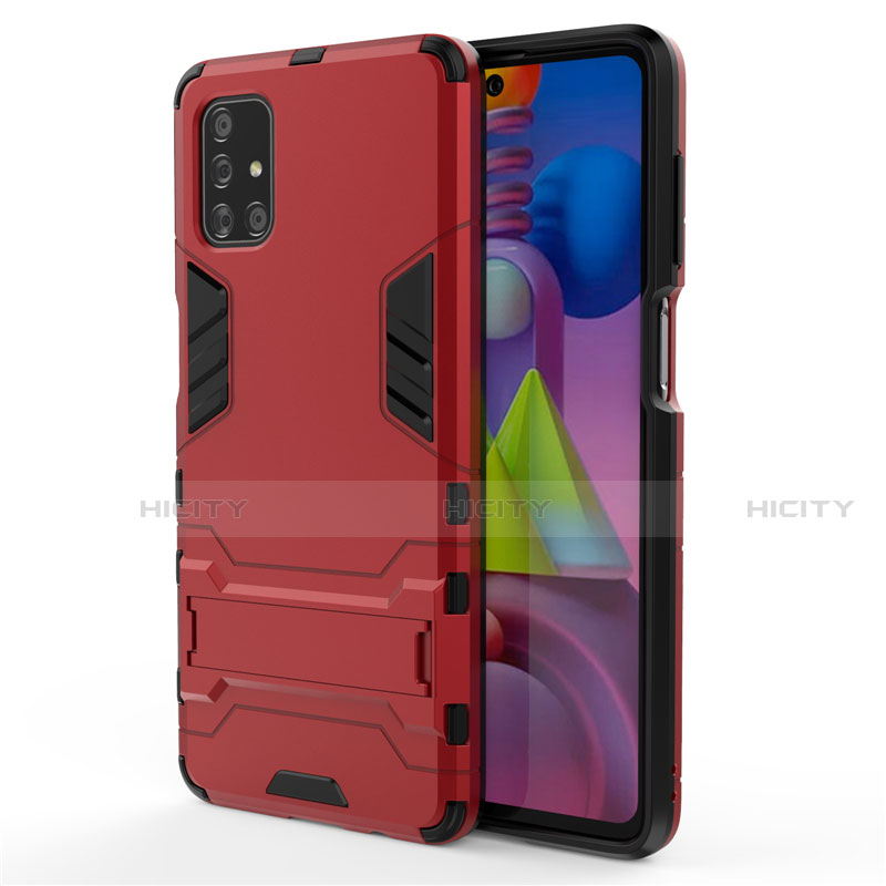 Silikon Hülle Handyhülle und Kunststoff Schutzhülle Hartschalen Tasche mit Ständer für Samsung Galaxy M51 Rot