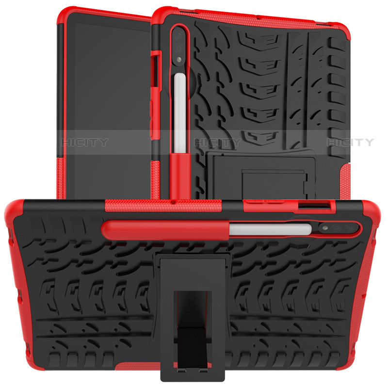 Silikon Hülle Handyhülle und Kunststoff Schutzhülle Hartschalen Tasche mit Ständer für Samsung Galaxy Tab S7 11 Wi-Fi SM-T870 Rot