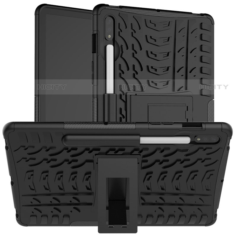 Silikon Hülle Handyhülle und Kunststoff Schutzhülle Hartschalen Tasche mit Ständer für Samsung Galaxy Tab S7 11 Wi-Fi SM-T870 Schwarz