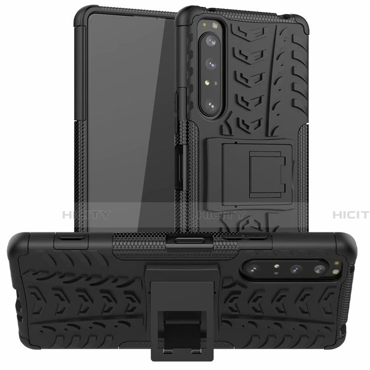 Silikon Hülle Handyhülle und Kunststoff Schutzhülle Hartschalen Tasche mit Ständer für Sony Xperia 1 II Schwarz