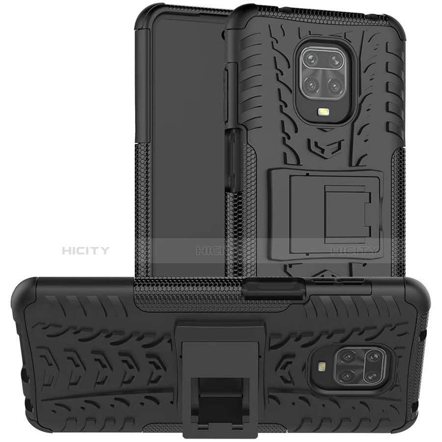 Silikon Hülle Handyhülle und Kunststoff Schutzhülle Hartschalen Tasche mit Ständer für Xiaomi Poco M2 Pro Schwarz Plus