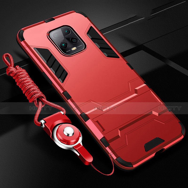 Silikon Hülle Handyhülle und Kunststoff Schutzhülle Hartschalen Tasche mit Ständer für Xiaomi Redmi 10X Pro 5G Rot Plus