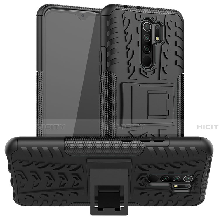 Silikon Hülle Handyhülle und Kunststoff Schutzhülle Hartschalen Tasche mit Ständer für Xiaomi Redmi 9 Prime India Schwarz Plus