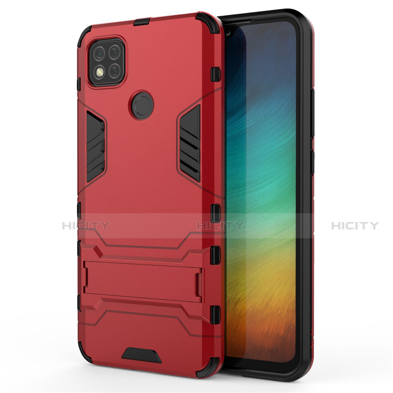 Silikon Hülle Handyhülle und Kunststoff Schutzhülle Hartschalen Tasche mit Ständer für Xiaomi Redmi 9C NFC Rot Plus