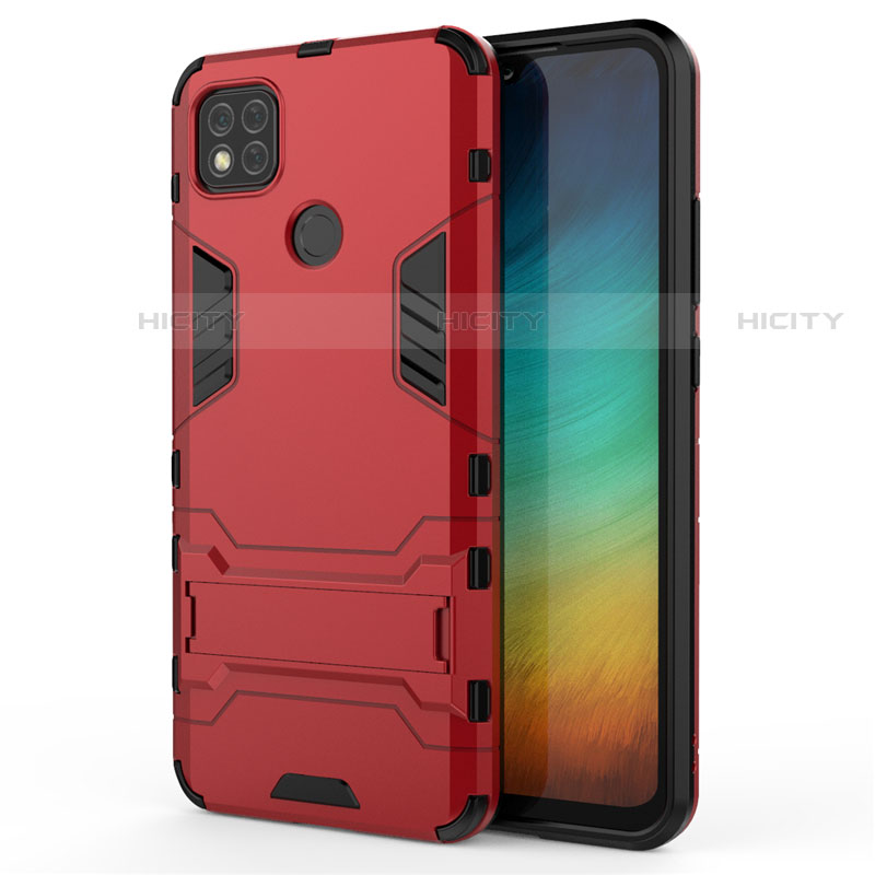 Silikon Hülle Handyhülle und Kunststoff Schutzhülle Hartschalen Tasche mit Ständer für Xiaomi Redmi 9C Rot Plus