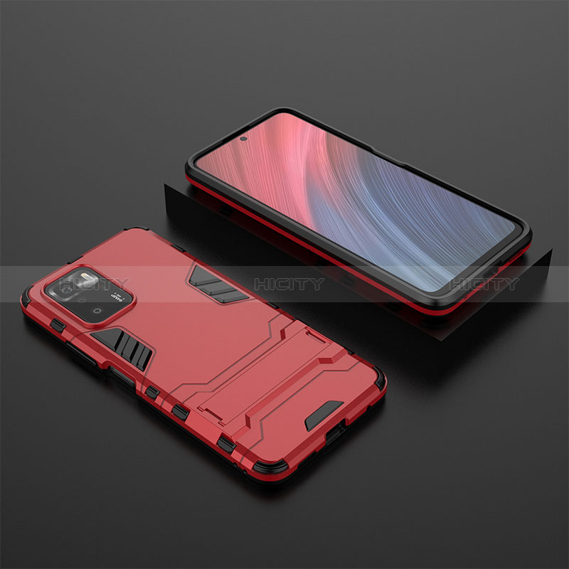 Silikon Hülle Handyhülle und Kunststoff Schutzhülle Hartschalen Tasche mit Ständer für Xiaomi Redmi Note 10 Pro 5G Rot