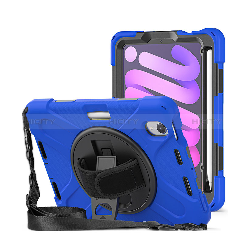 Silikon Hülle Handyhülle und Kunststoff Schutzhülle Hartschalen Tasche mit Ständer H01 für Apple iPad Mini 6 Blau