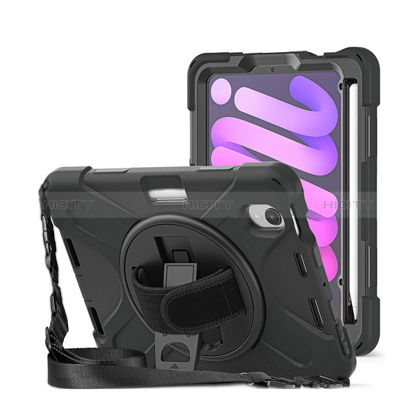 Silikon Hülle Handyhülle und Kunststoff Schutzhülle Hartschalen Tasche mit Ständer H01 für Apple iPad Mini 6 Schwarz