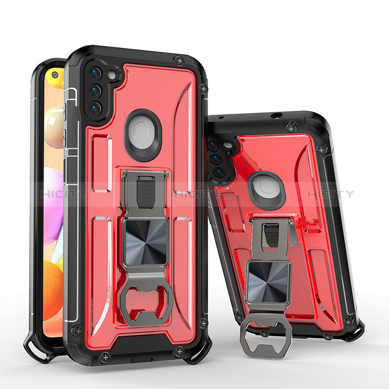 Silikon Hülle Handyhülle und Kunststoff Schutzhülle Hartschalen Tasche mit Ständer H01 für Samsung Galaxy M11 Rot Plus