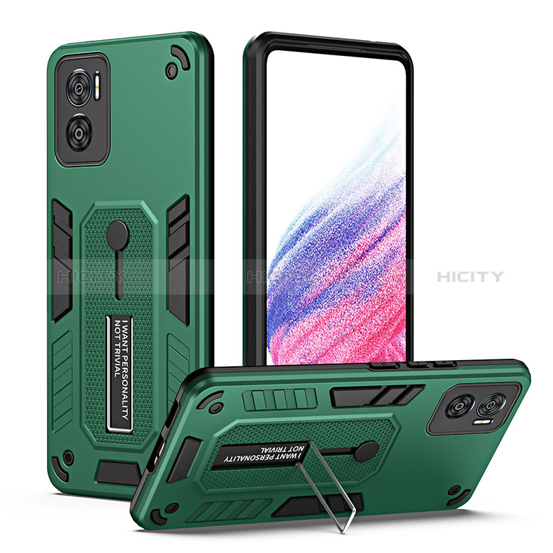 Silikon Hülle Handyhülle und Kunststoff Schutzhülle Hartschalen Tasche mit Ständer H01P für Motorola Moto E22i Grün