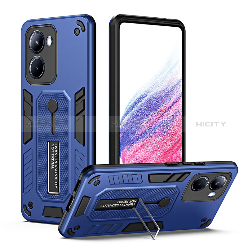 Silikon Hülle Handyhülle und Kunststoff Schutzhülle Hartschalen Tasche mit Ständer H01P für Realme 10 Pro 5G Blau