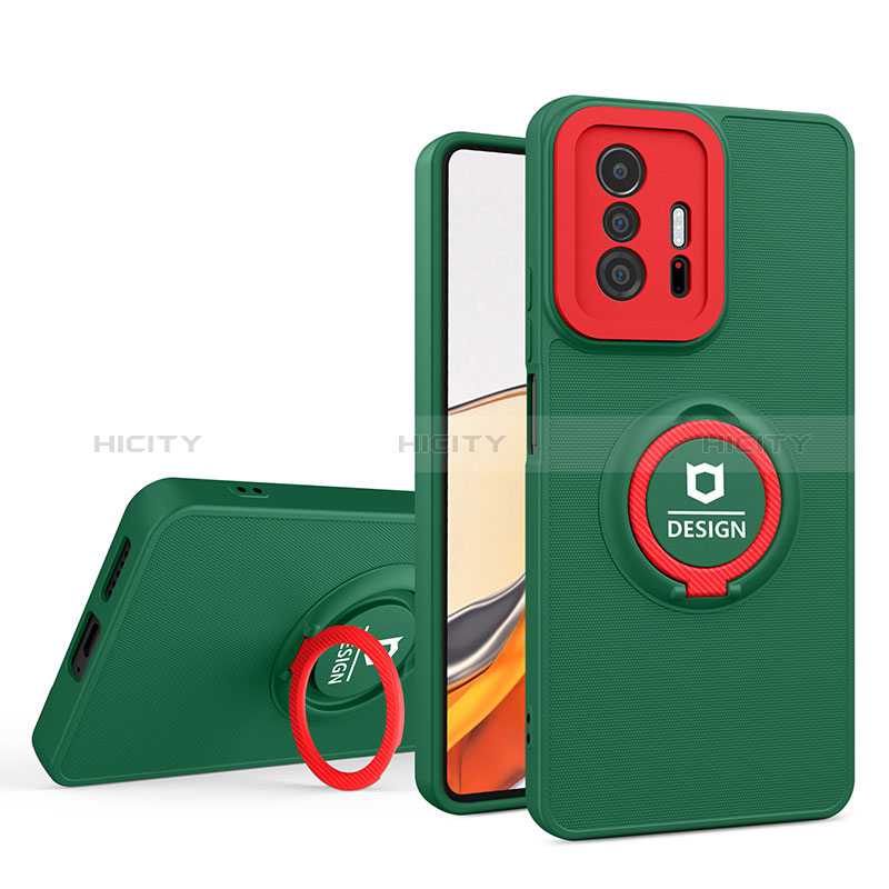 Silikon Hülle Handyhülle und Kunststoff Schutzhülle Hartschalen Tasche mit Ständer H01P für Xiaomi Mi 11T 5G Grün