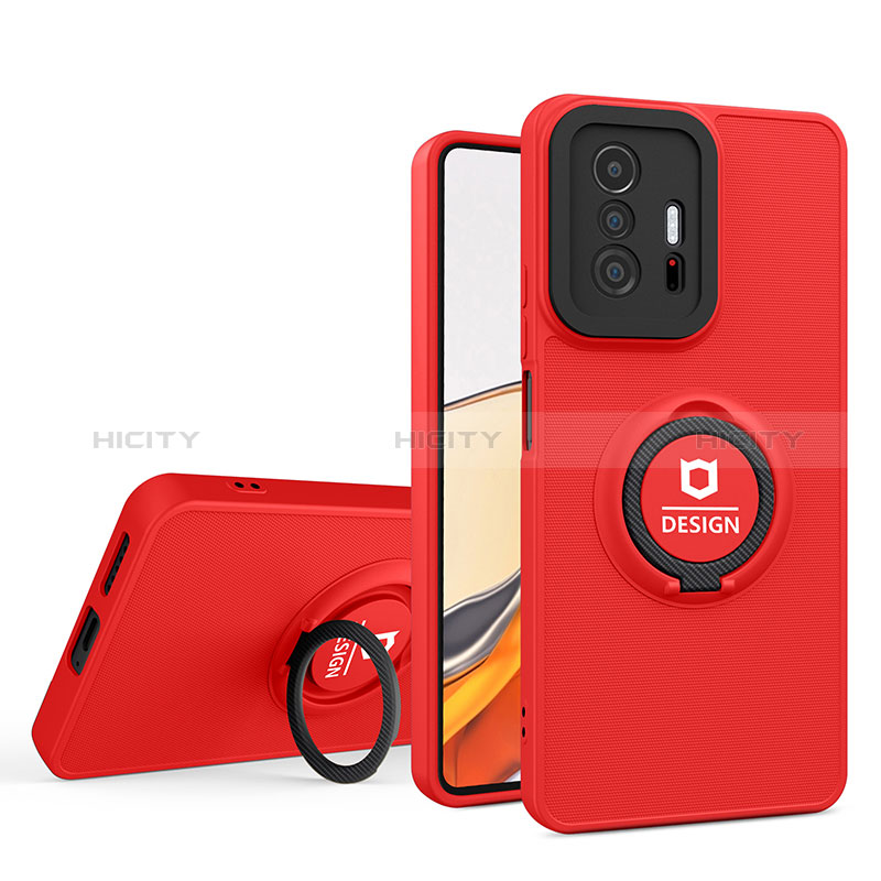 Silikon Hülle Handyhülle und Kunststoff Schutzhülle Hartschalen Tasche mit Ständer H01P für Xiaomi Mi 11T 5G Rot Plus