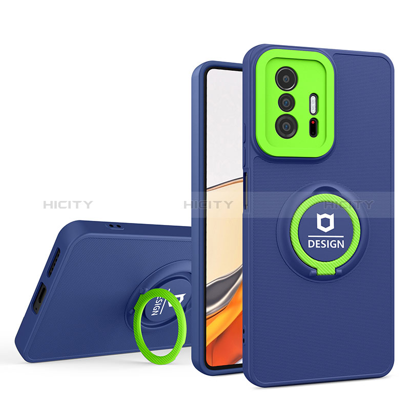 Silikon Hülle Handyhülle und Kunststoff Schutzhülle Hartschalen Tasche mit Ständer H01P für Xiaomi Mi 11T Pro 5G Blau Plus