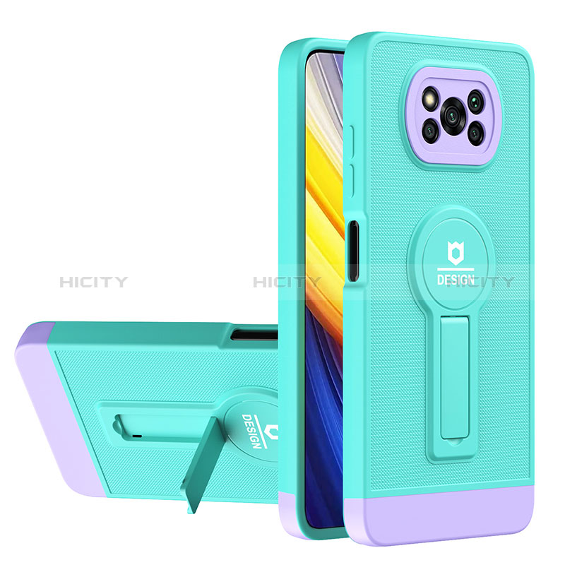 Silikon Hülle Handyhülle und Kunststoff Schutzhülle Hartschalen Tasche mit Ständer H01P für Xiaomi Poco X3 Pro Cyan