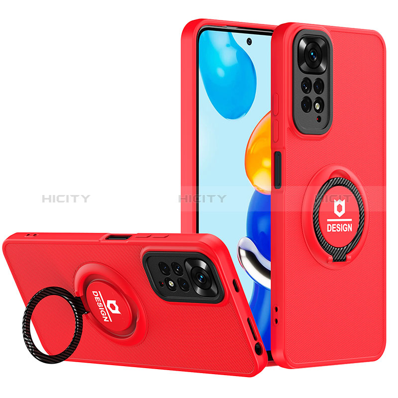 Silikon Hülle Handyhülle und Kunststoff Schutzhülle Hartschalen Tasche mit Ständer H02P für Xiaomi Redmi Note 11 Pro 5G Rot Plus