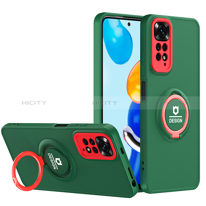 Silikon Hülle Handyhülle und Kunststoff Schutzhülle Hartschalen Tasche mit Ständer H02P für Xiaomi Redmi Note 11S 4G Grün