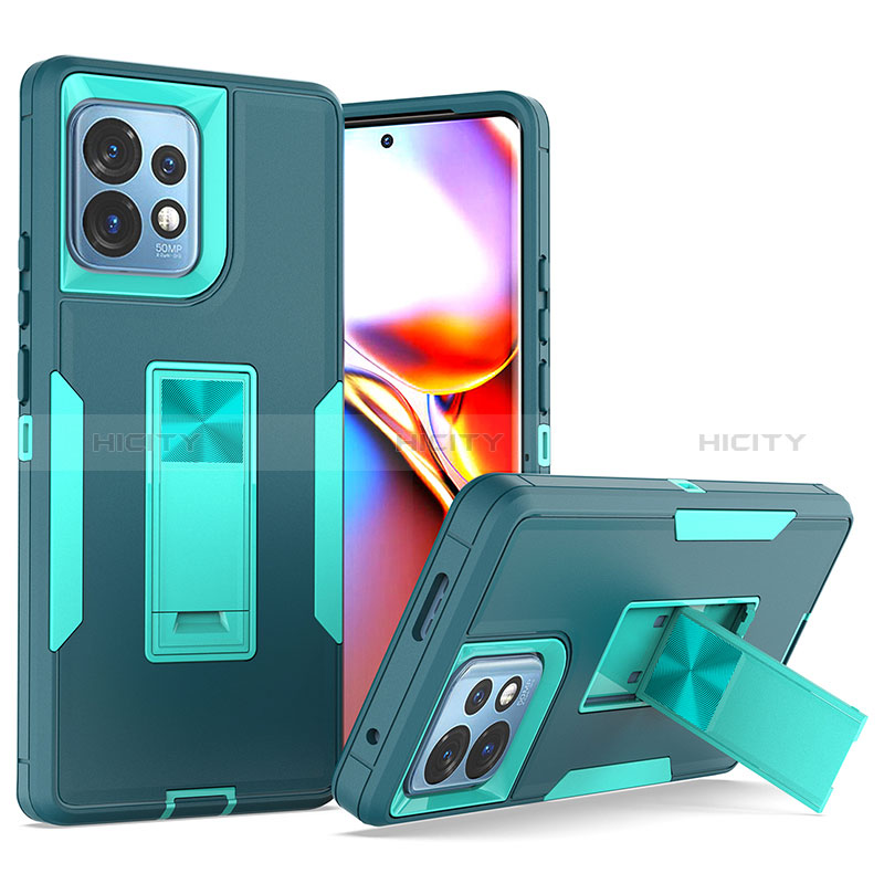 Silikon Hülle Handyhülle und Kunststoff Schutzhülle Hartschalen Tasche mit Ständer J01S für Motorola Moto Edge 40 Pro 5G Cyan