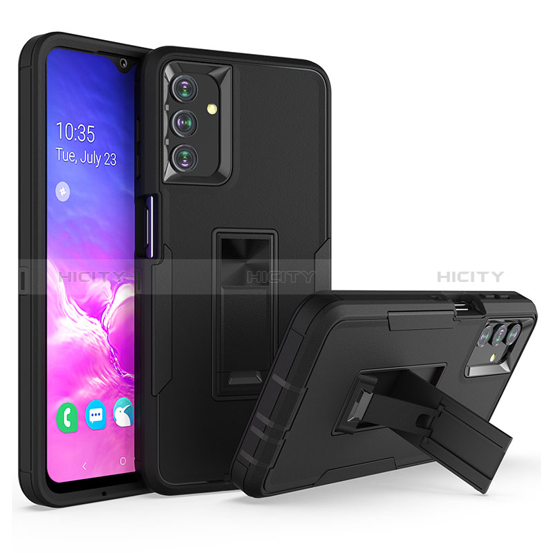 Silikon Hülle Handyhülle und Kunststoff Schutzhülle Hartschalen Tasche mit Ständer J01S für Samsung Galaxy A04s Schwarz