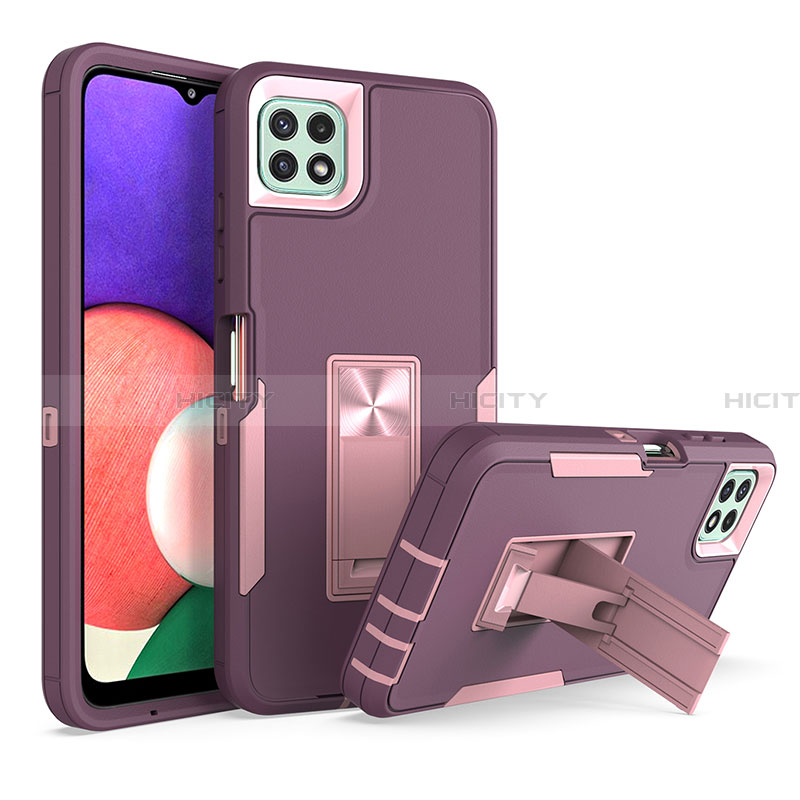 Silikon Hülle Handyhülle und Kunststoff Schutzhülle Hartschalen Tasche mit Ständer J01S für Samsung Galaxy A22 5G Violett