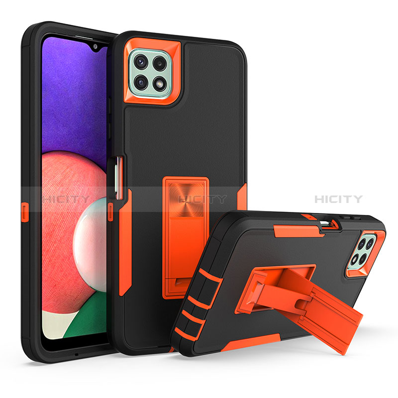 Silikon Hülle Handyhülle und Kunststoff Schutzhülle Hartschalen Tasche mit Ständer J01S für Samsung Galaxy A22s 5G Orange Plus