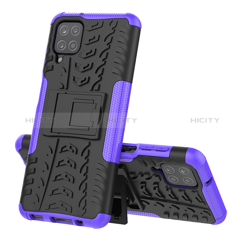 Silikon Hülle Handyhülle und Kunststoff Schutzhülle Hartschalen Tasche mit Ständer J01X für Samsung Galaxy A12 Violett