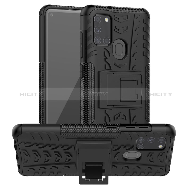 Silikon Hülle Handyhülle und Kunststoff Schutzhülle Hartschalen Tasche mit Ständer J01X für Samsung Galaxy A21s Schwarz