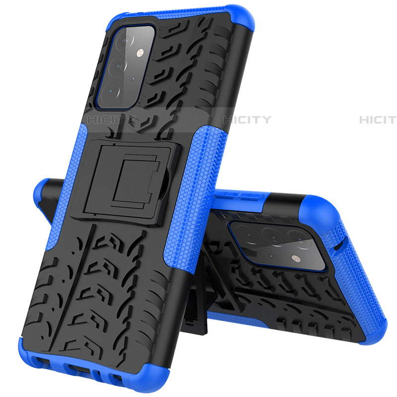 Silikon Hülle Handyhülle und Kunststoff Schutzhülle Hartschalen Tasche mit Ständer J01X für Samsung Galaxy A72 4G Blau