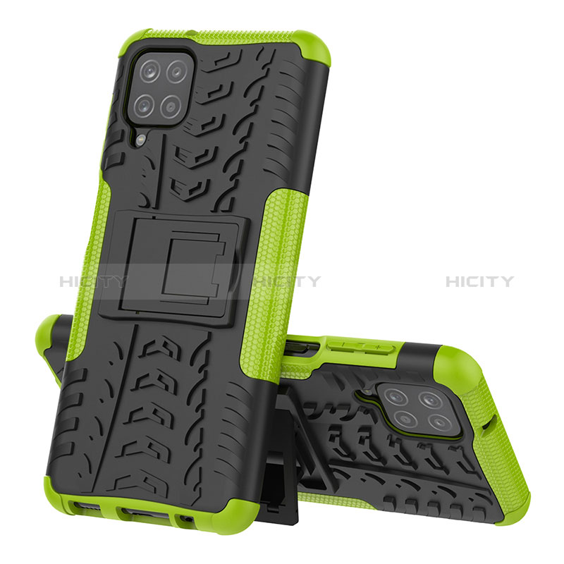 Silikon Hülle Handyhülle und Kunststoff Schutzhülle Hartschalen Tasche mit Ständer J01X für Samsung Galaxy M12 Grün