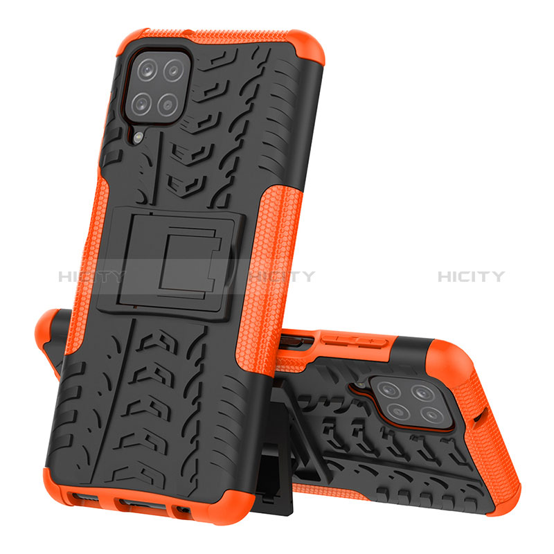 Silikon Hülle Handyhülle und Kunststoff Schutzhülle Hartschalen Tasche mit Ständer J01X für Samsung Galaxy M12 Orange Plus