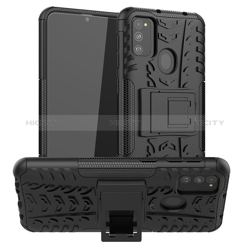 Silikon Hülle Handyhülle und Kunststoff Schutzhülle Hartschalen Tasche mit Ständer J01X für Samsung Galaxy M21