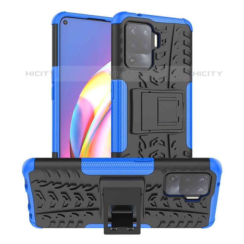 Silikon Hülle Handyhülle und Kunststoff Schutzhülle Hartschalen Tasche mit Ständer JX1 für Oppo F19 Pro Blau