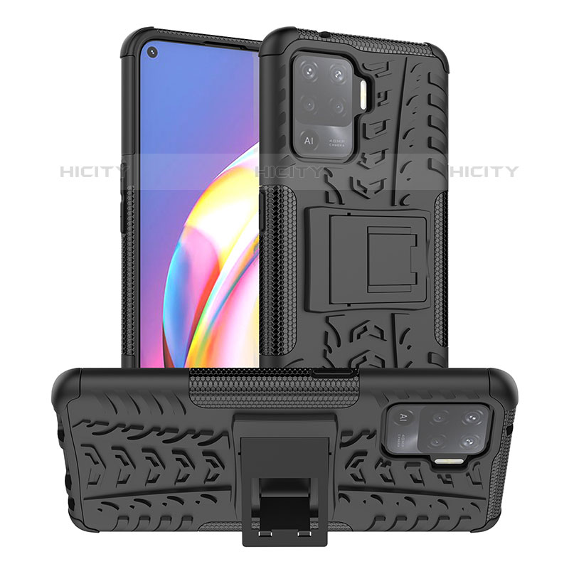 Silikon Hülle Handyhülle und Kunststoff Schutzhülle Hartschalen Tasche mit Ständer JX1 für Oppo F19 Pro Schwarz