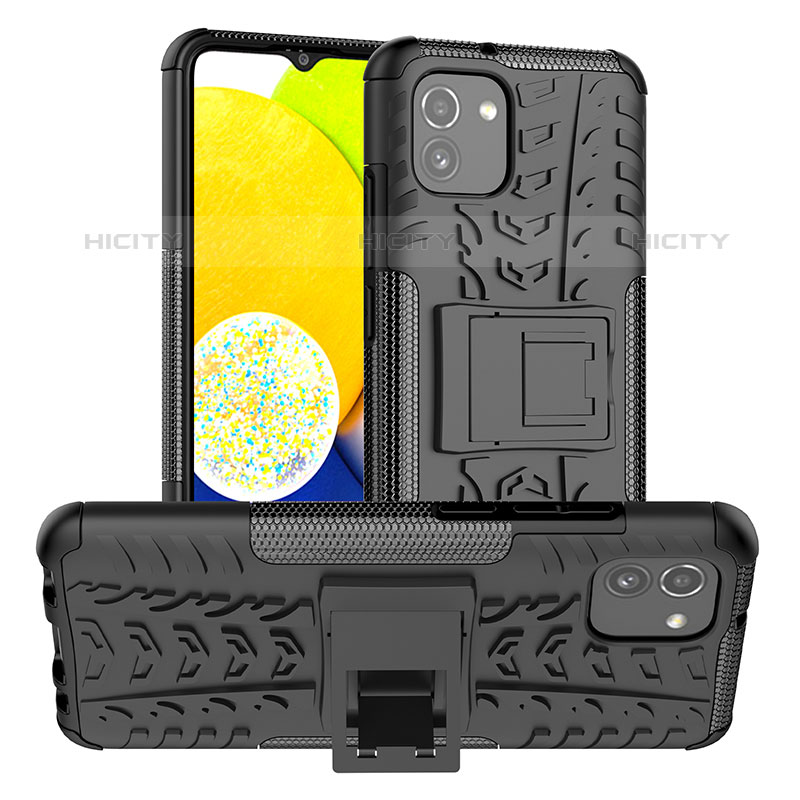 Silikon Hülle Handyhülle und Kunststoff Schutzhülle Hartschalen Tasche mit Ständer JX1 für Samsung Galaxy A03 groß