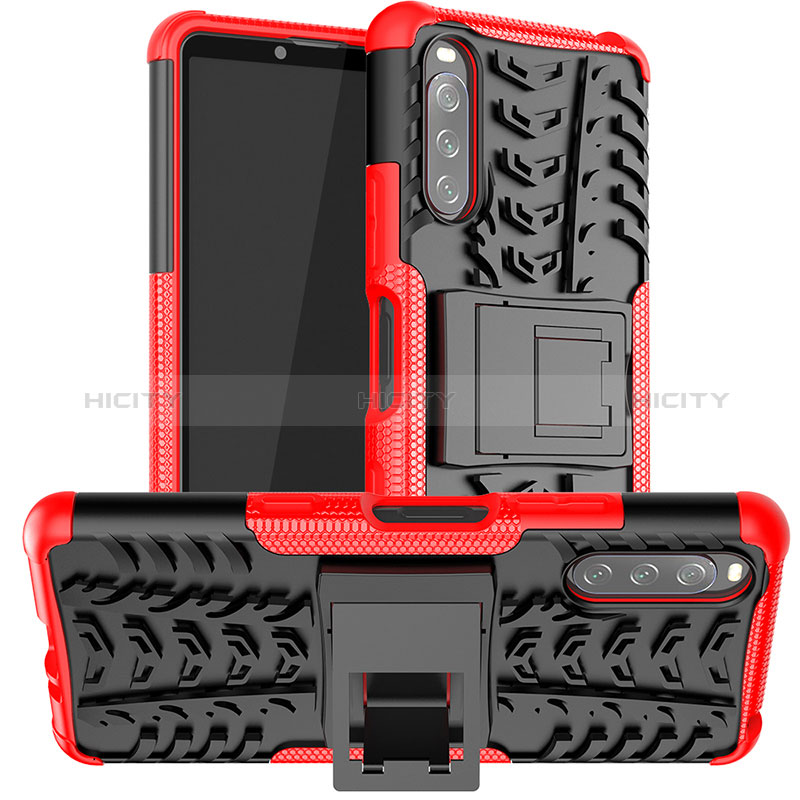 Silikon Hülle Handyhülle und Kunststoff Schutzhülle Hartschalen Tasche mit Ständer JX1 für Sony Xperia 10 III SOG04 Rot