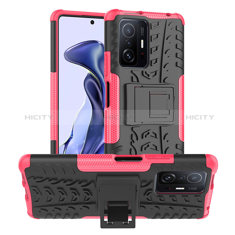 Silikon Hülle Handyhülle und Kunststoff Schutzhülle Hartschalen Tasche mit Ständer JX1 für Xiaomi Mi 11T 5G Pink Plus