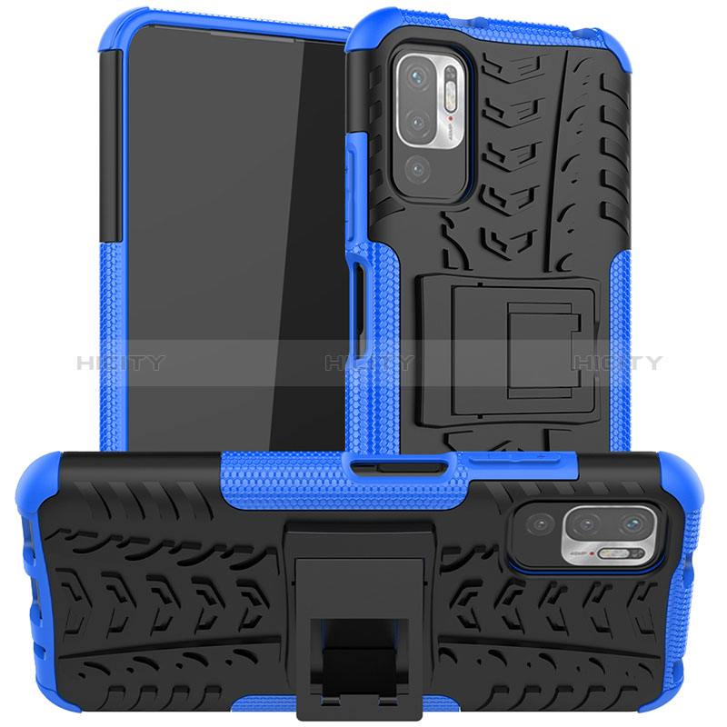 Silikon Hülle Handyhülle und Kunststoff Schutzhülle Hartschalen Tasche mit Ständer JX1 für Xiaomi POCO M3 Pro 5G Blau Plus