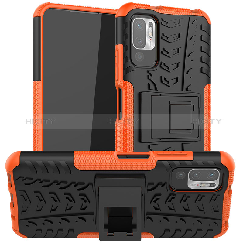 Silikon Hülle Handyhülle und Kunststoff Schutzhülle Hartschalen Tasche mit Ständer JX1 für Xiaomi POCO M3 Pro 5G Orange