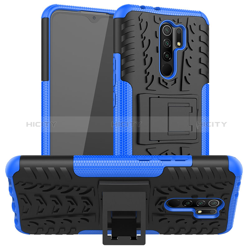 Silikon Hülle Handyhülle und Kunststoff Schutzhülle Hartschalen Tasche mit Ständer JX1 für Xiaomi Redmi 9 Prime India Blau