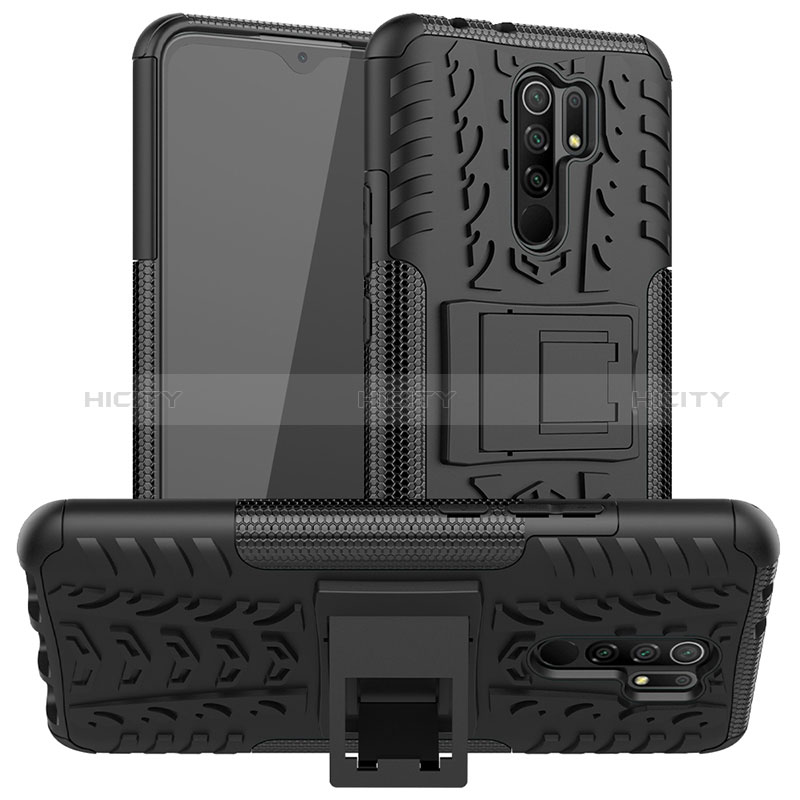 Silikon Hülle Handyhülle und Kunststoff Schutzhülle Hartschalen Tasche mit Ständer JX1 für Xiaomi Redmi 9 Prime India Schwarz Plus