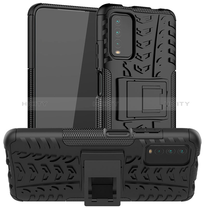 Silikon Hülle Handyhülle und Kunststoff Schutzhülle Hartschalen Tasche mit Ständer JX1 für Xiaomi Redmi 9T 4G Schwarz