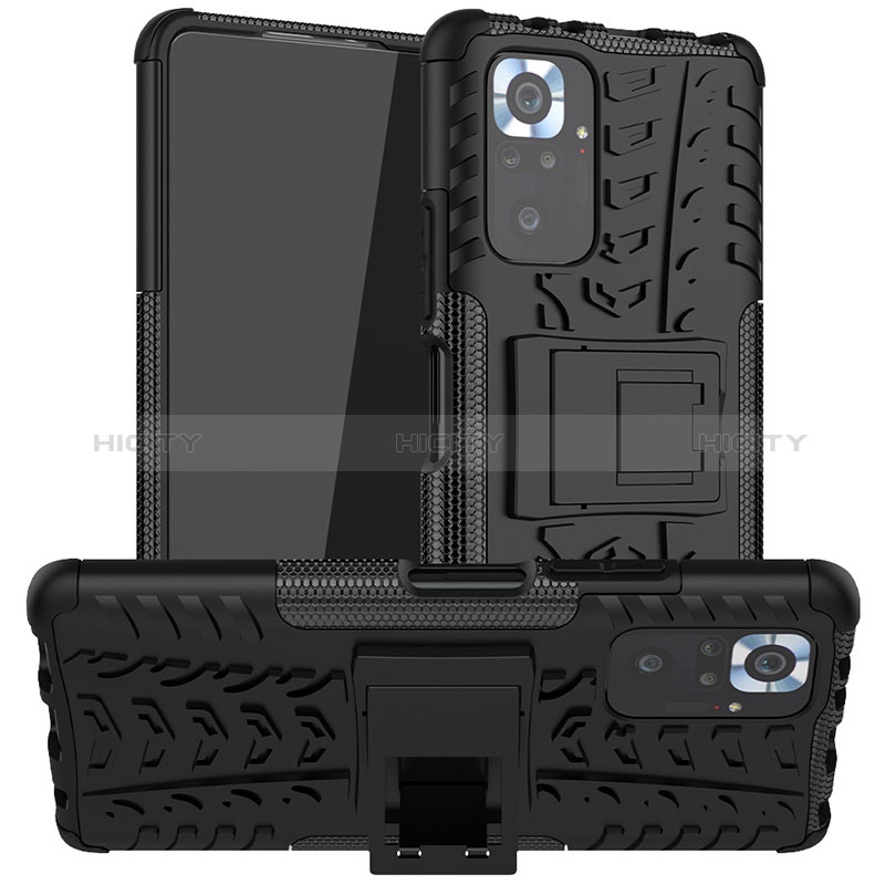 Silikon Hülle Handyhülle und Kunststoff Schutzhülle Hartschalen Tasche mit Ständer JX1 für Xiaomi Redmi Note 10 Pro Max Schwarz