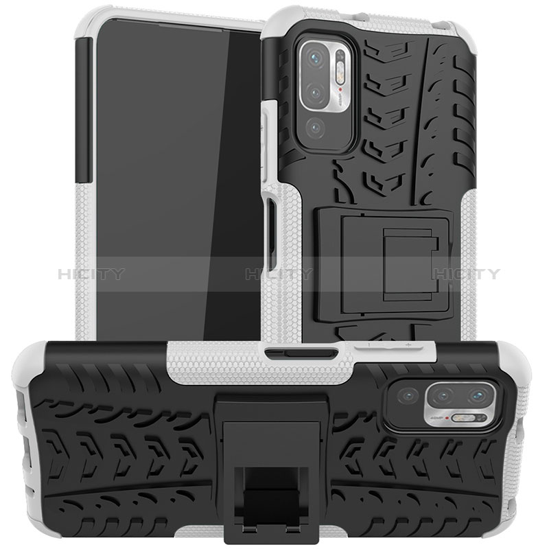 Silikon Hülle Handyhülle und Kunststoff Schutzhülle Hartschalen Tasche mit Ständer JX1 für Xiaomi Redmi Note 10T 5G Silber Plus