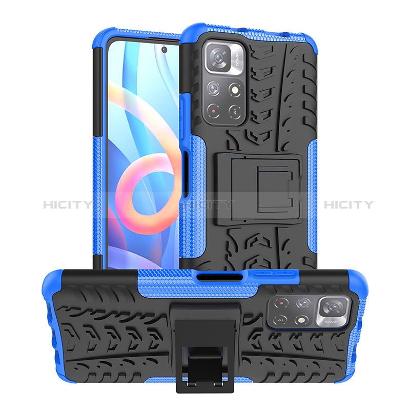 Silikon Hülle Handyhülle und Kunststoff Schutzhülle Hartschalen Tasche mit Ständer JX1 für Xiaomi Redmi Note 11 5G Blau
