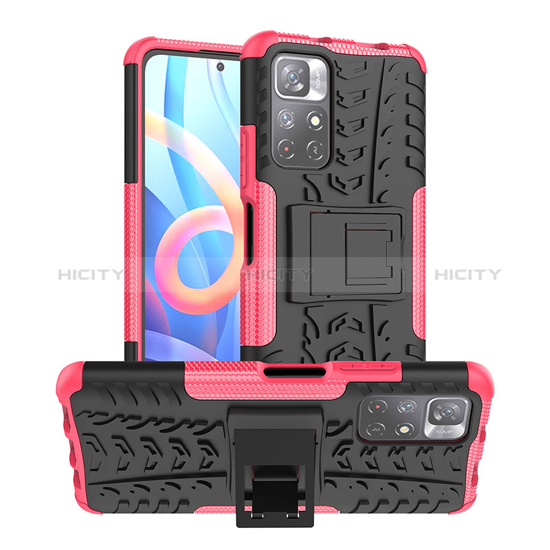 Silikon Hülle Handyhülle und Kunststoff Schutzhülle Hartschalen Tasche mit Ständer JX1 für Xiaomi Redmi Note 11 5G Pink