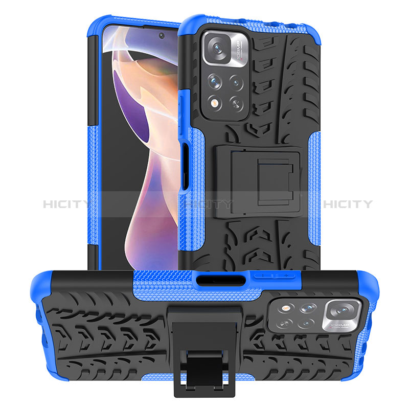 Silikon Hülle Handyhülle und Kunststoff Schutzhülle Hartschalen Tasche mit Ständer JX1 für Xiaomi Redmi Note 11 Pro+ Plus 5G Blau